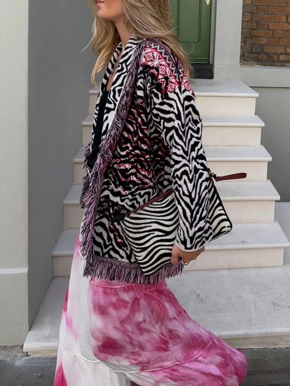 Women Jacquard Knitted Tassel Patchwork Cardigan